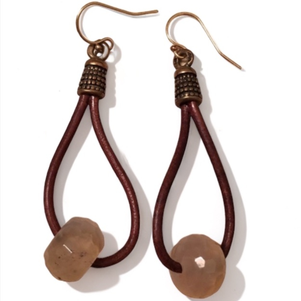 NEW Brown Leather | Agate Earrings Artisan Handcrafted HANDMADE